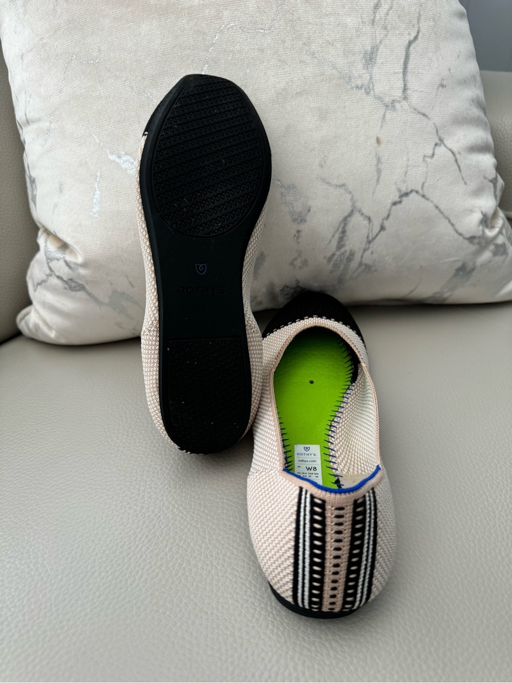 Rothy's Beige Knit Flats with Black Cap Toe and Blue Trim - Picture 3 of 3